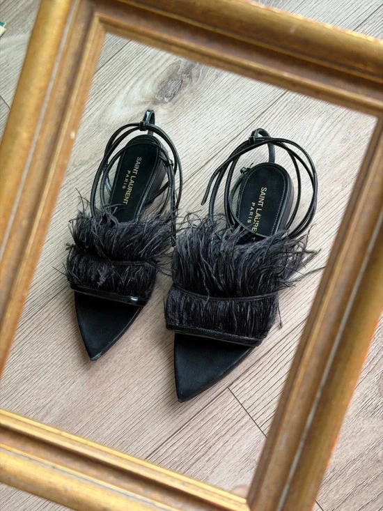 Saint Laurent Ostrich Black Feather-Trim Pointed sandals - Picture 1 of 17